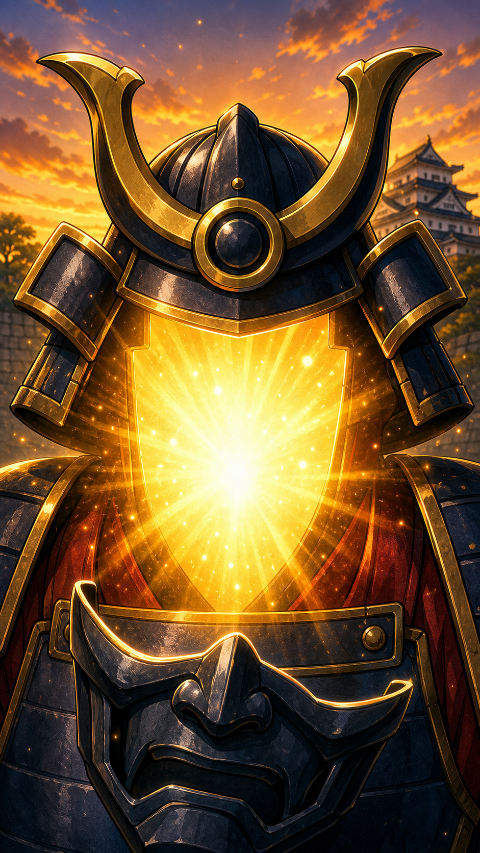 A glowing masked warrior